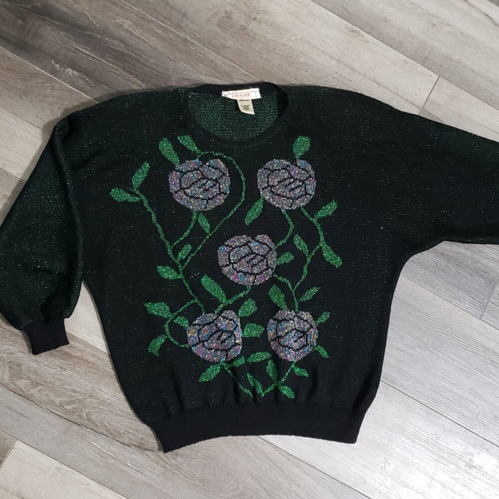 Vintage 80s Annalisa Sparkle Knit Sweater Large Green Iridescent Floral Glam